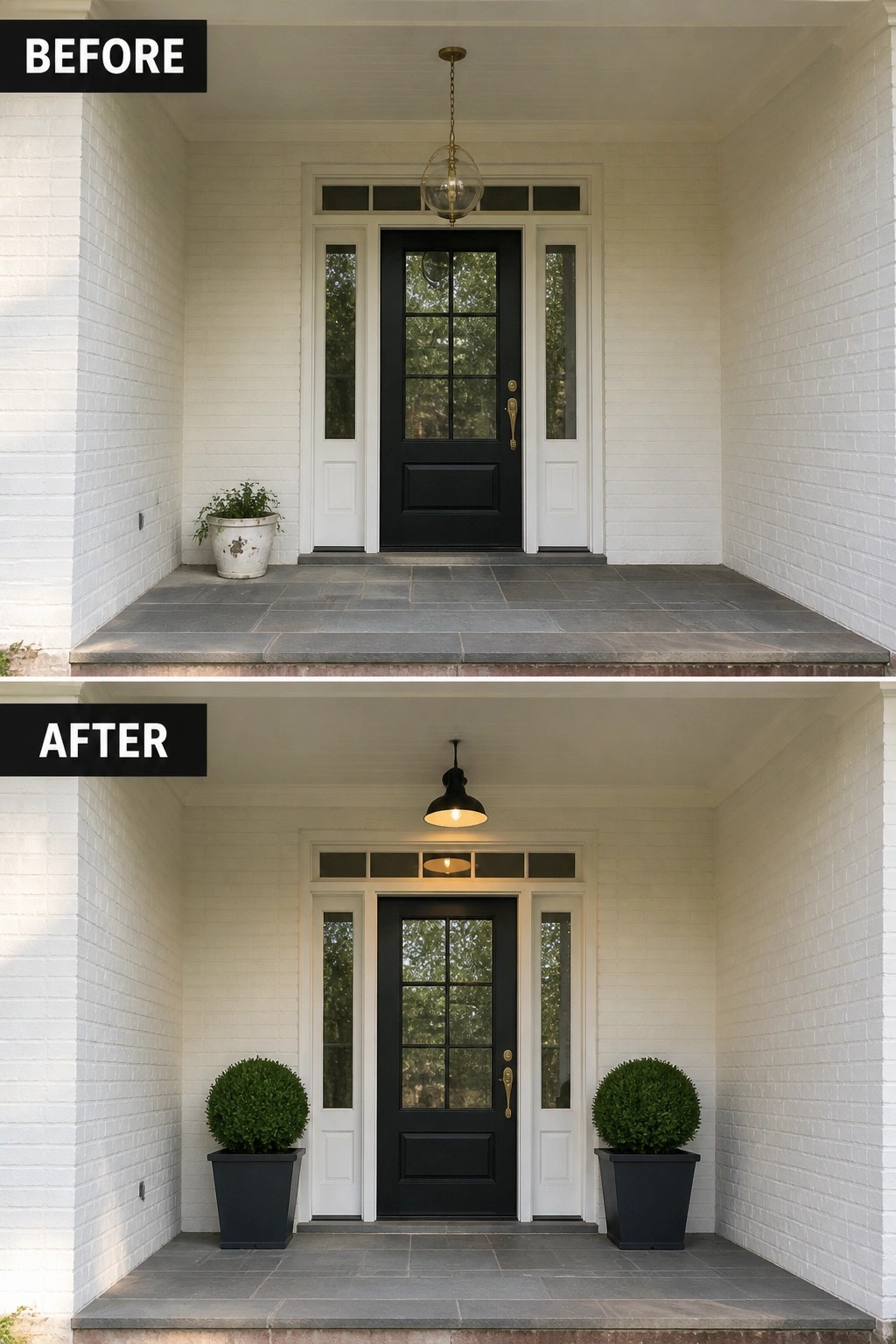 Before and after of white brick entry with black door, new light, and planters.