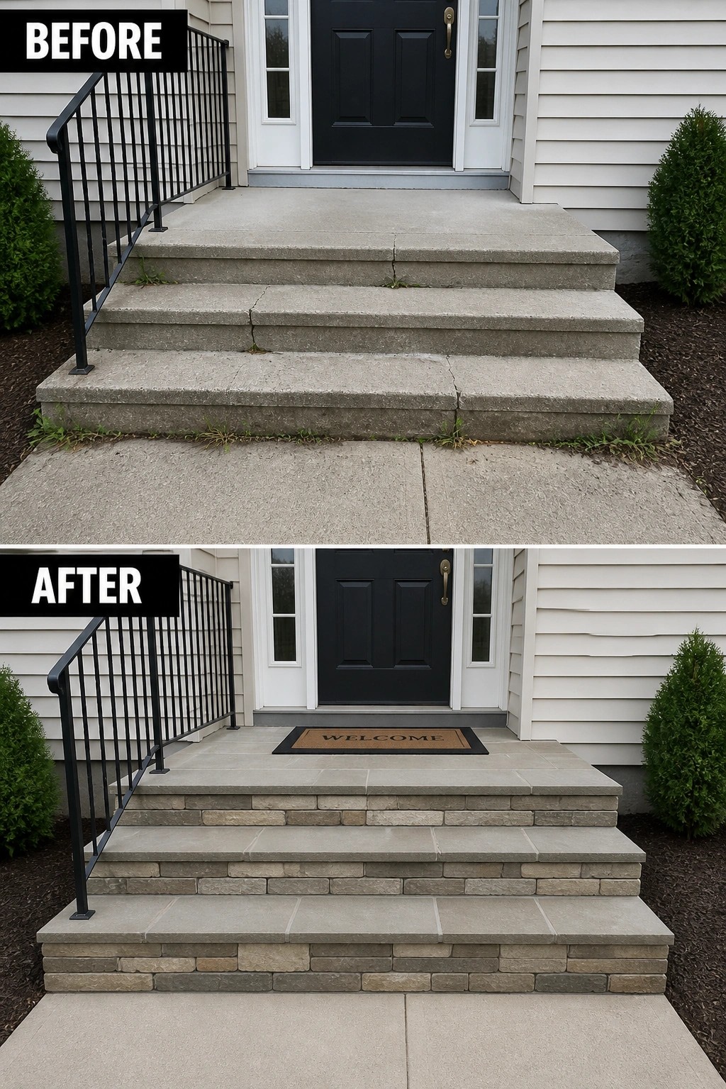 Before and after of cracked concrete steps renovated with stone veneer.