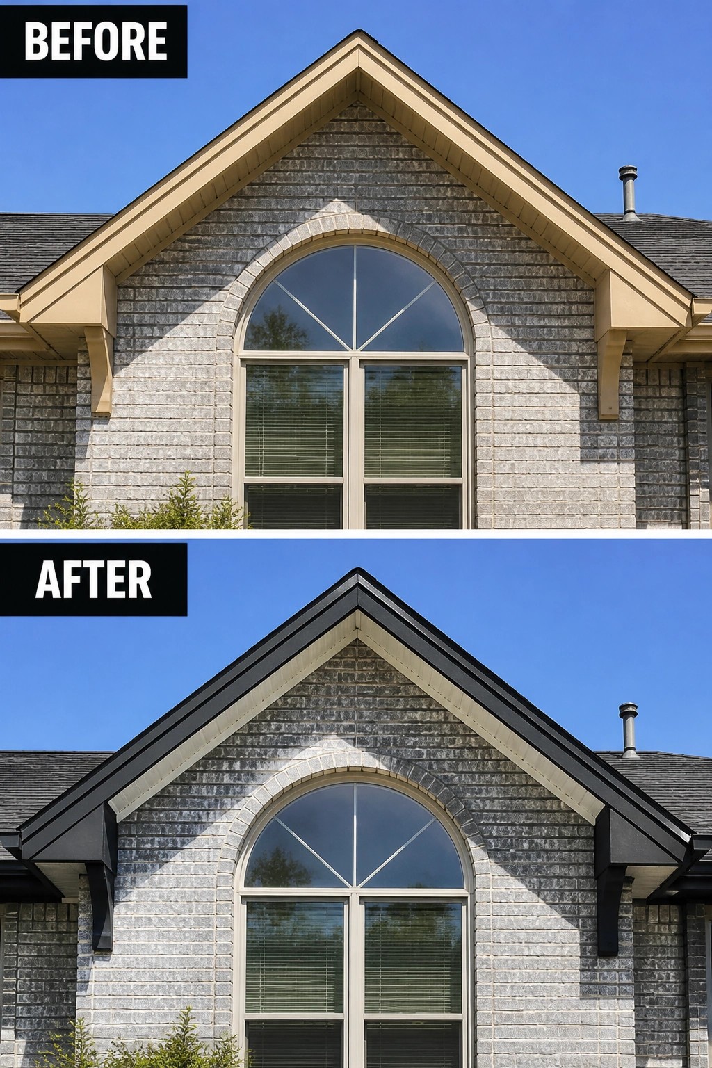 Before-and-after image of a house gable with light tan trim changed to black for stronger contrast against the stone siding.