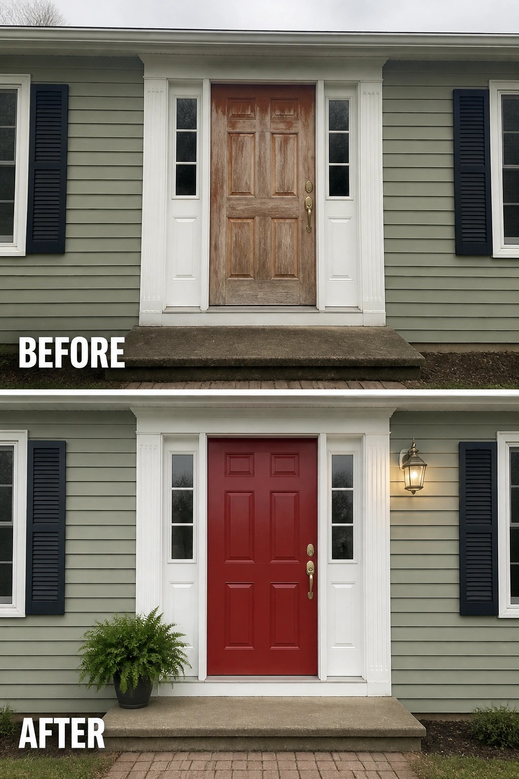 Before and after house entrance with door painted red, plant and lantern added.