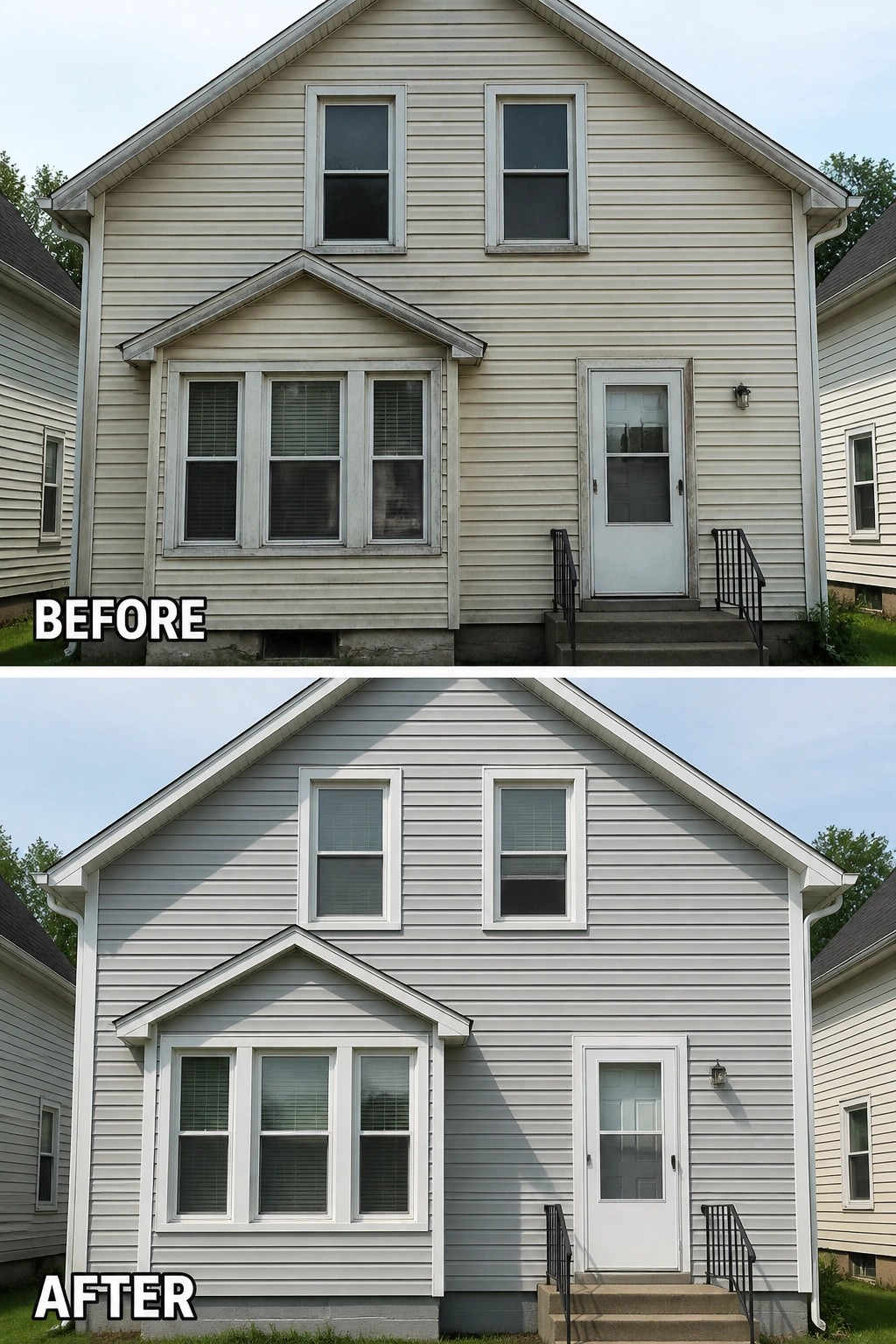 Before-and-after image of a two-story house exterior with beige siding changed to gray paint and updated white window trim.