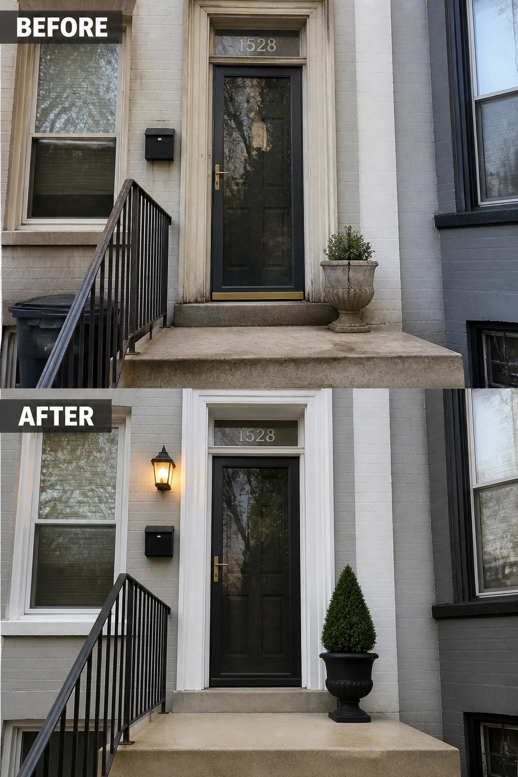 Before and after home entrance with black door, white trim, and planters