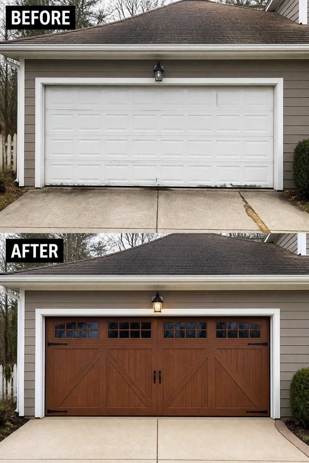 Before and after of white garage door replaced by brown wooden carriage doors.