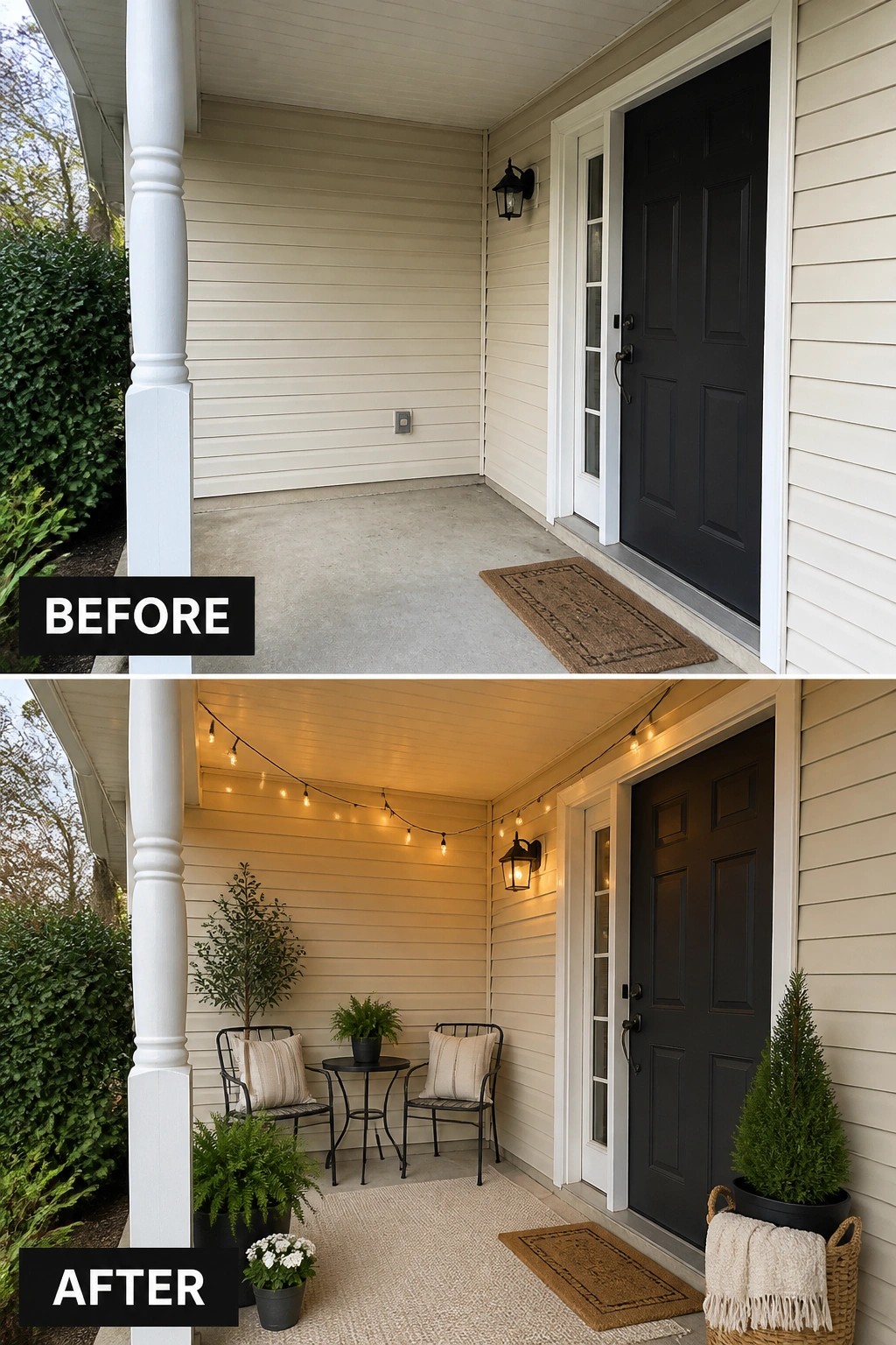 Before and after porch with added chairs, plants, rug, and string lights.