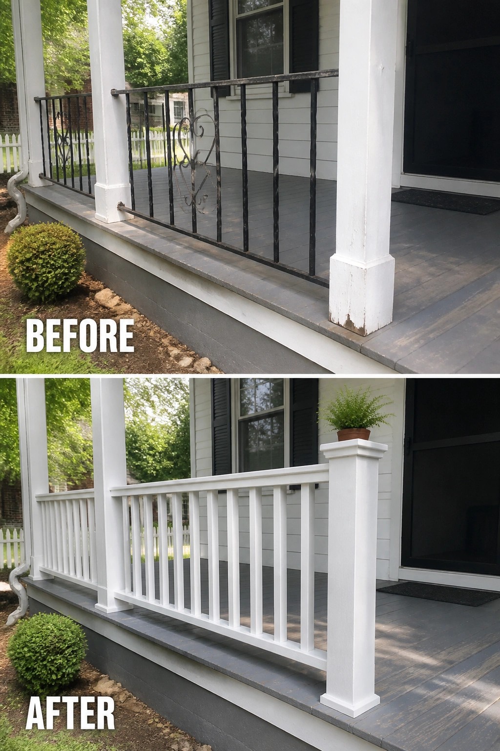 Before-and-after porch with black metal railing replaced by white wooden balusters.