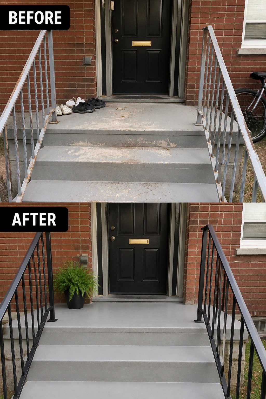 Before and after of front steps with rusty railings replaced by black ones plus potted fern.