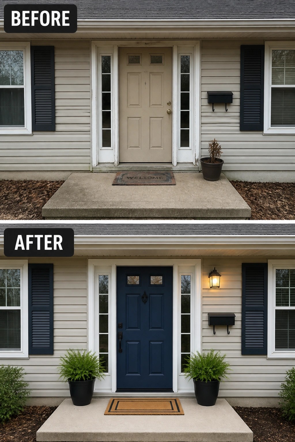 Before-and-after image of a house front entry with a beige door changed to navy blue, plus added planters and a wall sconce.