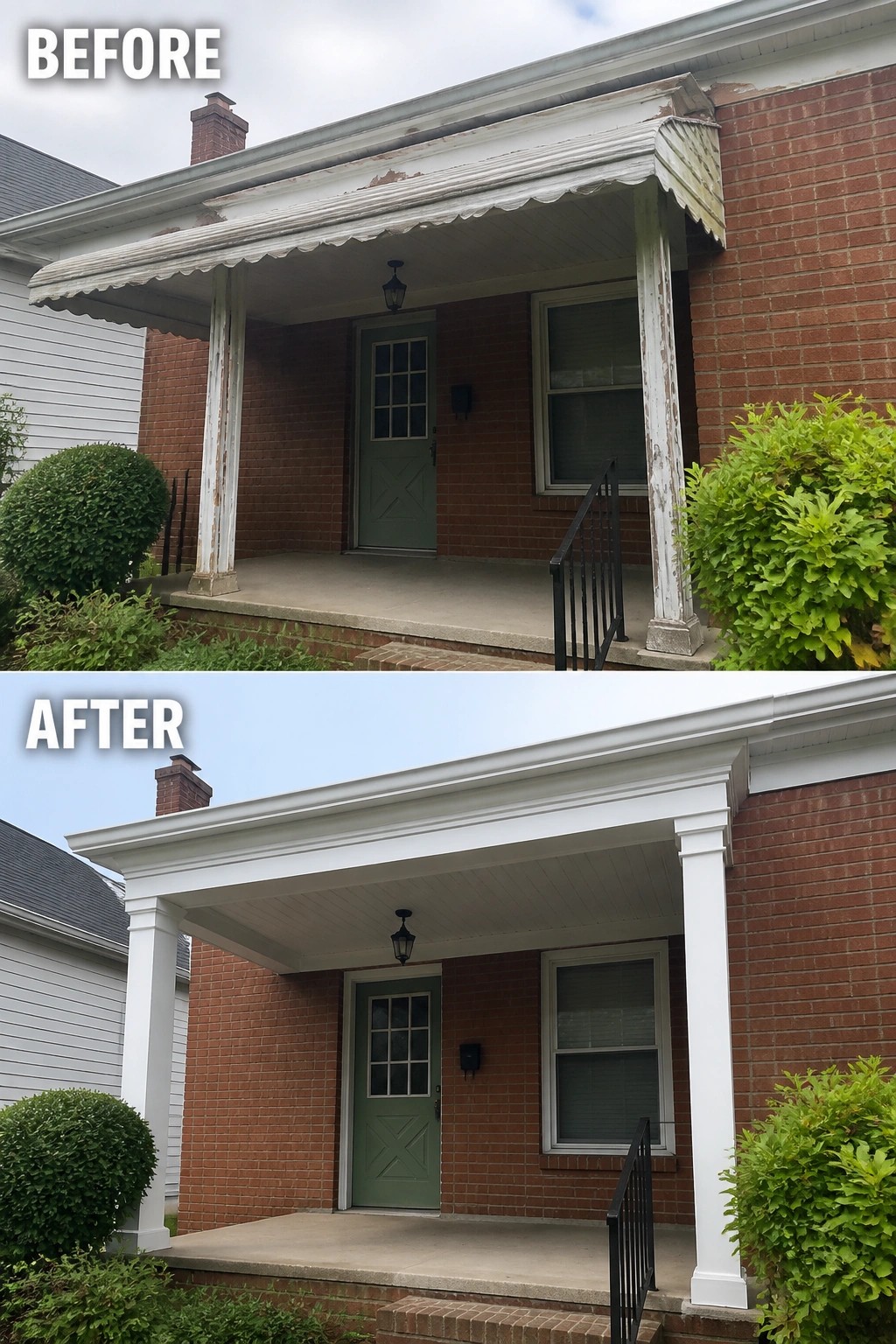Before-and-after image of a brick home porch with peeling overhang and columns updated to a clean white painted structure.