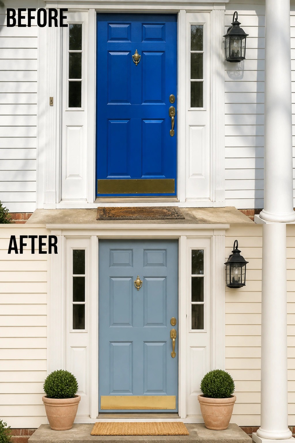 Before-and-after image of a house front entry showing the door color changed from bright blue to a softer blue-gray with planters added on both sides.