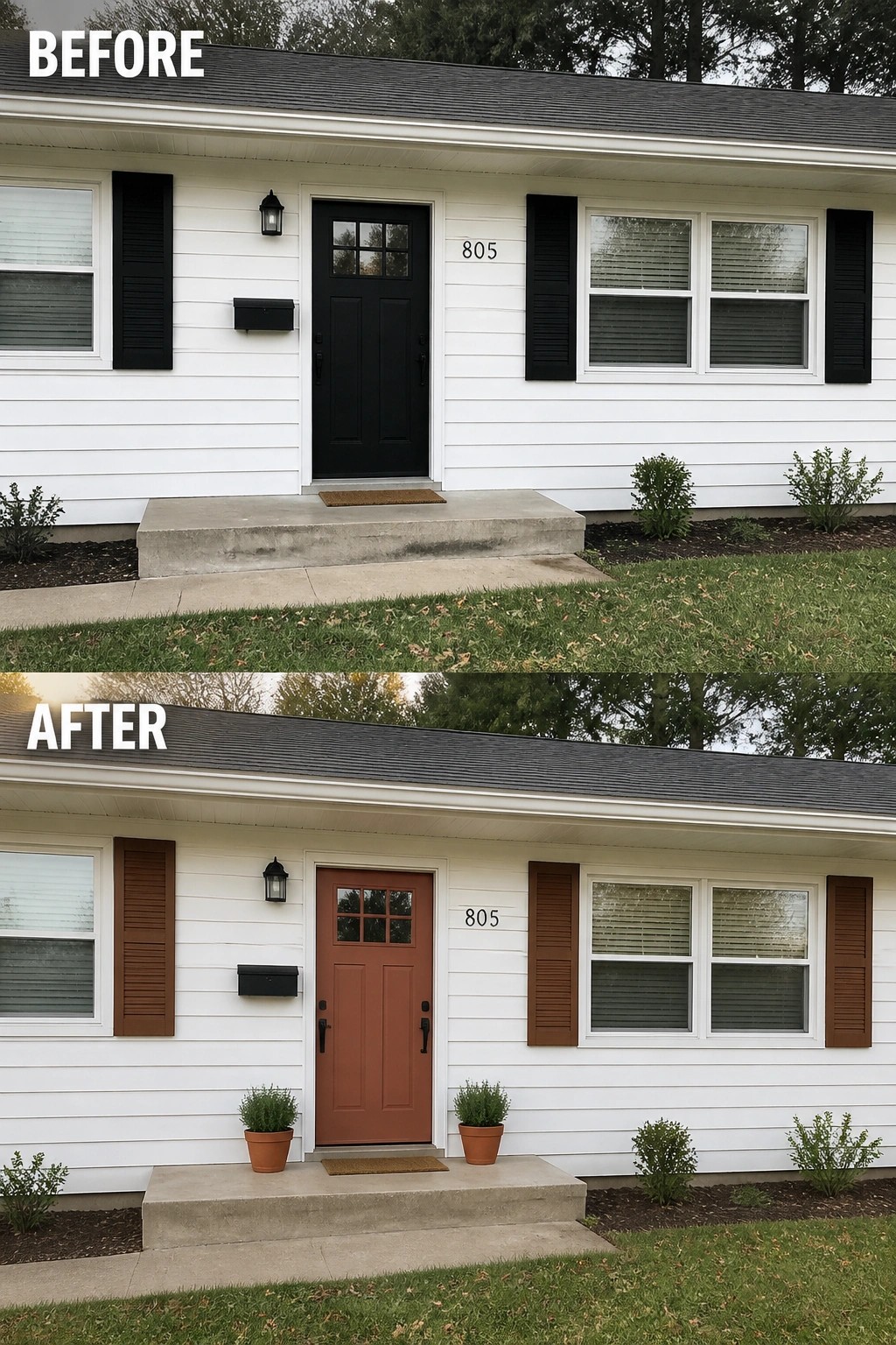 Before-and-after image of a house exterior showing the front door and shutters changed from black to a warm terracotta color with added planters at the steps.
