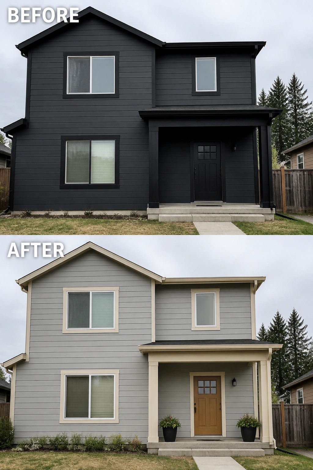 Before-and-after image of a dark gray house exterior repainted in a lighter gray with cream trim and a wood door.
