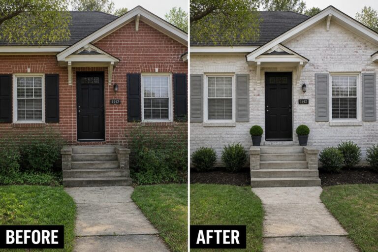 20 Elegant Exterior Paint Makeover Ideas for Homes That Need A Softer Look Before-and-after image of a brick house painted white with gray shutters and simplified landscaping.