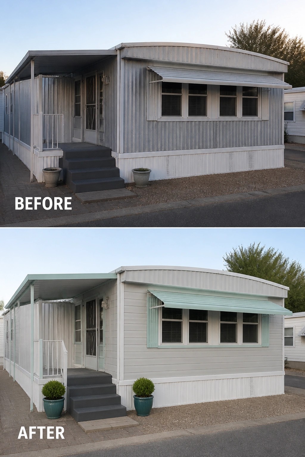 Before-and-after image of a mobile home exterior updated with lighter paint and mint green trim accents.