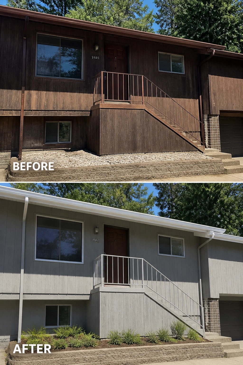 Before and after views of building exterior repainted gray with new landscaping.