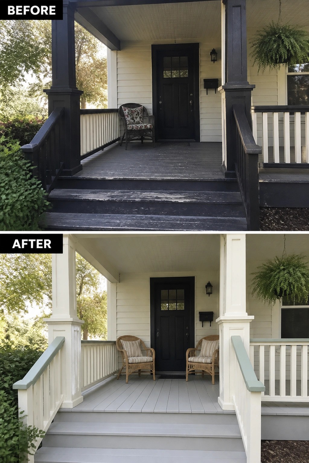 Before and after of front porch repainted white with sage-green trim.