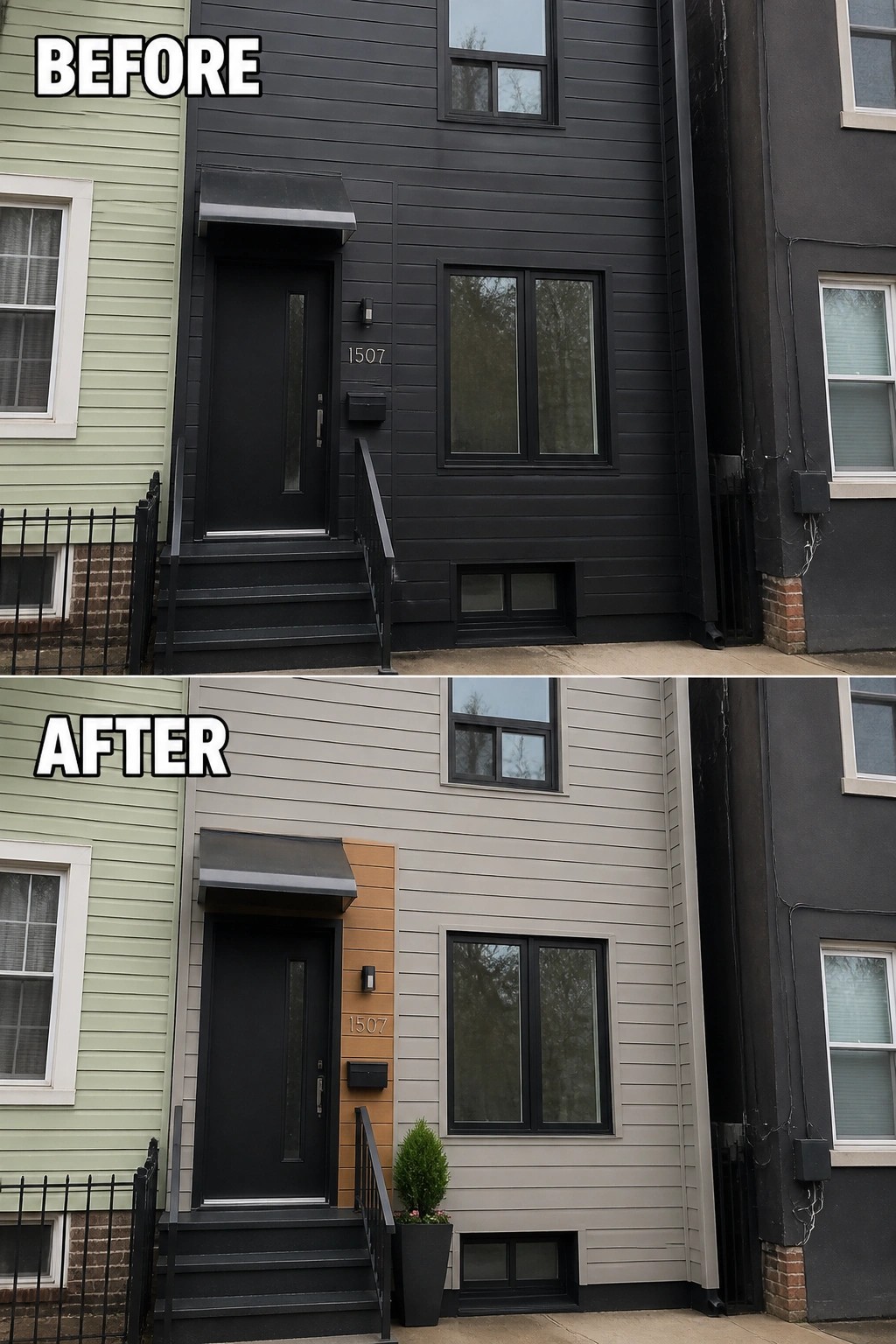 Before-and-after image of a house exterior changed from dark black siding to a lighter gray color.