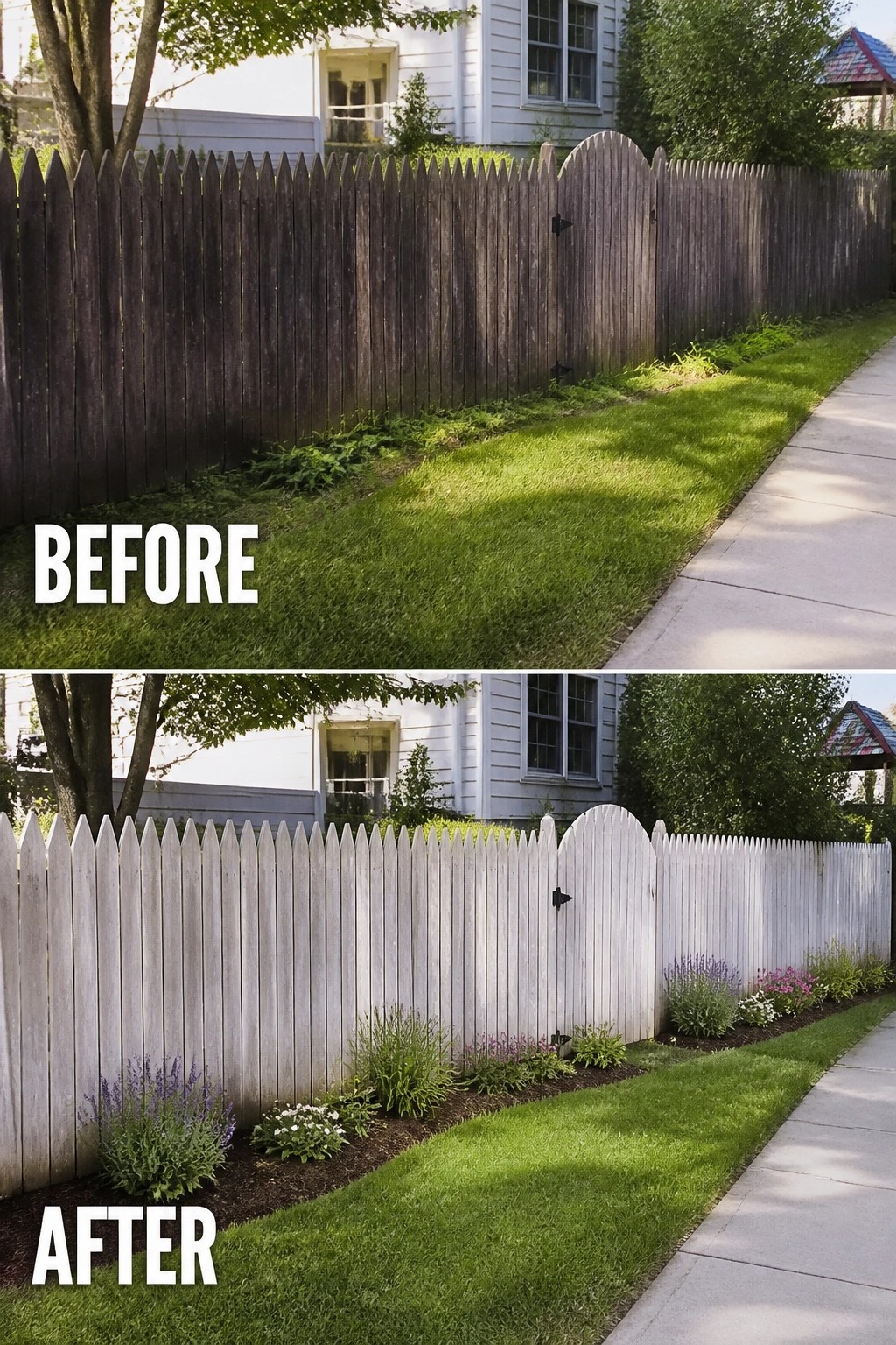 Before-and-after image of a dark wooden fence updated with white paint and a planted garden bed along the base.