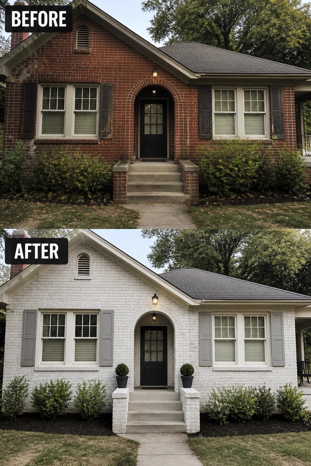 Before-and-after image of a brick house painted white with gray shutters and simplified landscaping.
