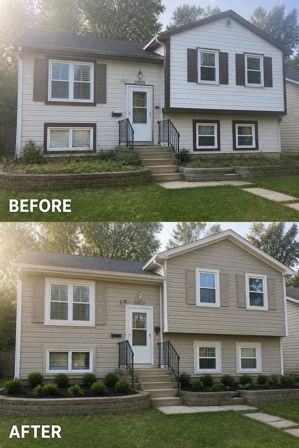 Before-and-after image of a two-story house exterior repainted from white to a softer beige tone.