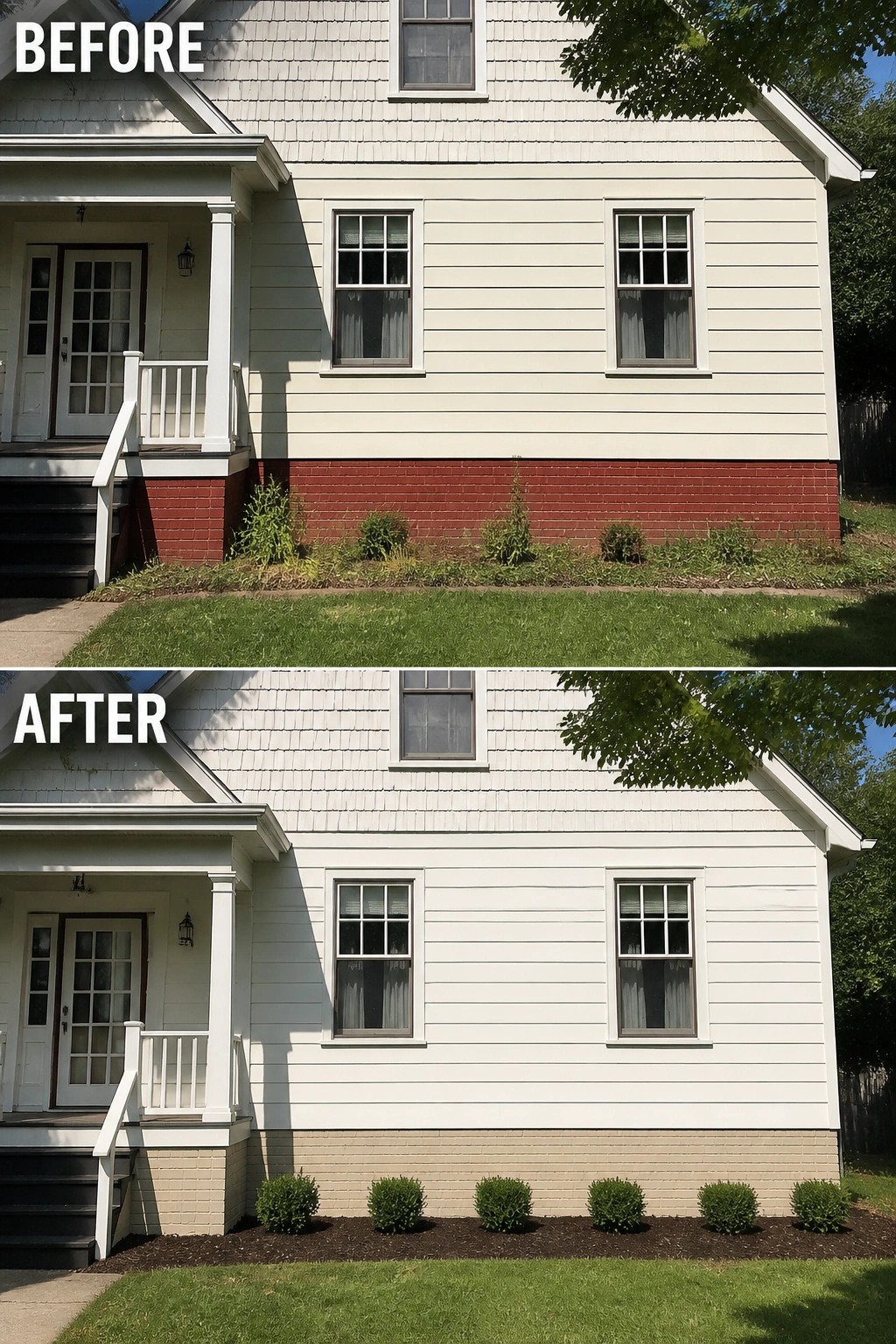 Before-and-after image of a house exterior showing the red brick foundation painted a light beige color for a softer overall appearance.
