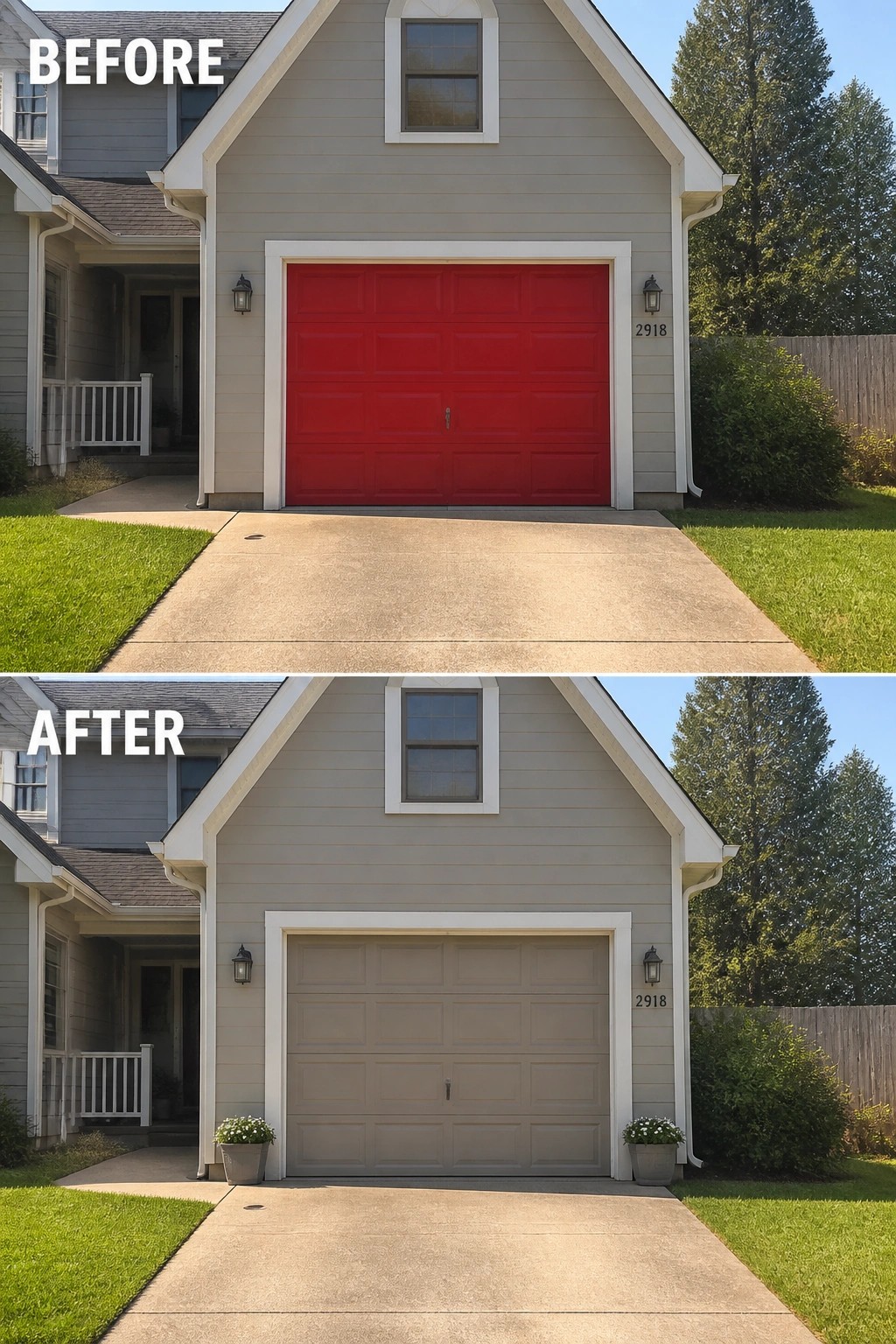 Before-and-after image of a house exterior showing a bright red garage door changed to a neutral tone that matches the siding.