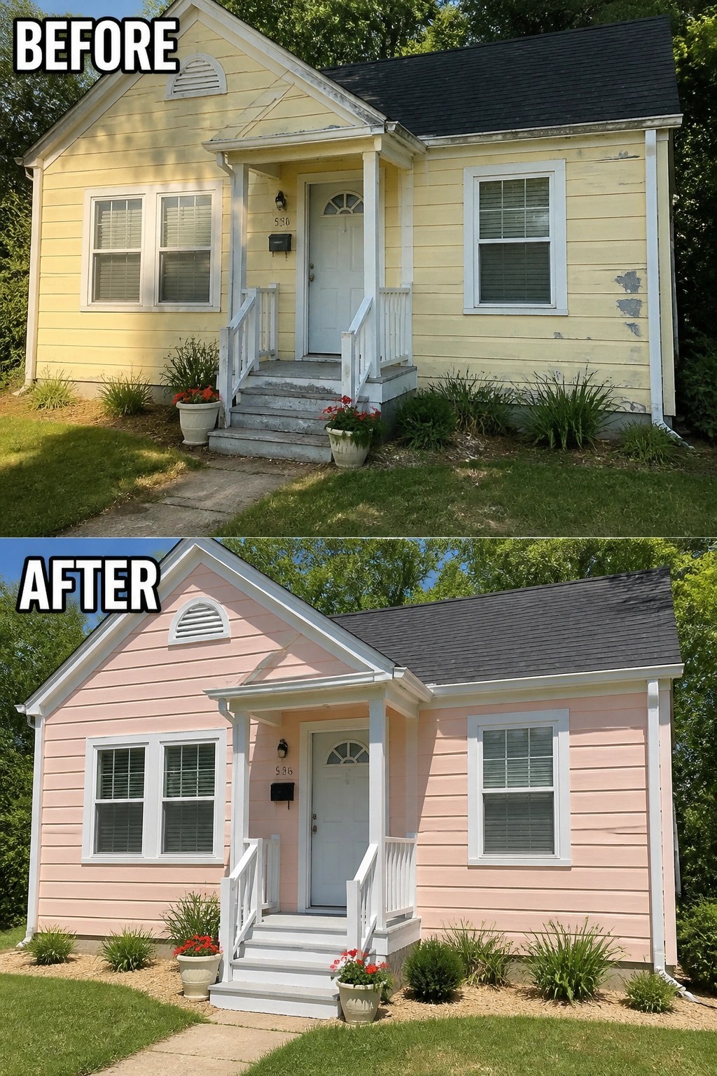 Before and after of yellow house repainted pink with updated trim