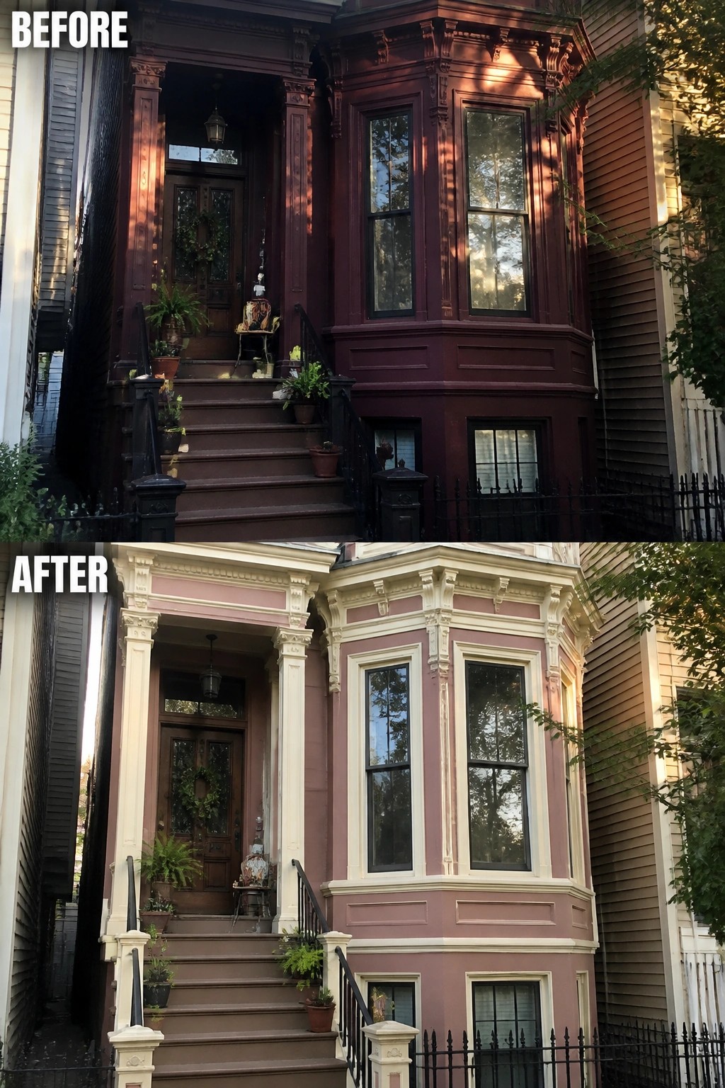 Before-and-after image of a house exterior changing from dark maroon paint with dark trim to a softer rose shade with cream trim.