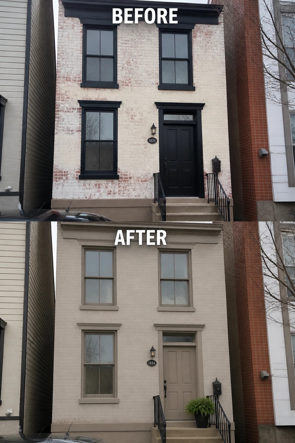 Before and after of a brick townhouse with repainted facade and trim.