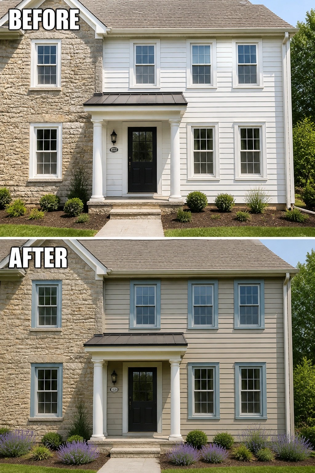 Before-and-after image of a two-story house with white siding changed to soft gray siding and light blue window trim.
