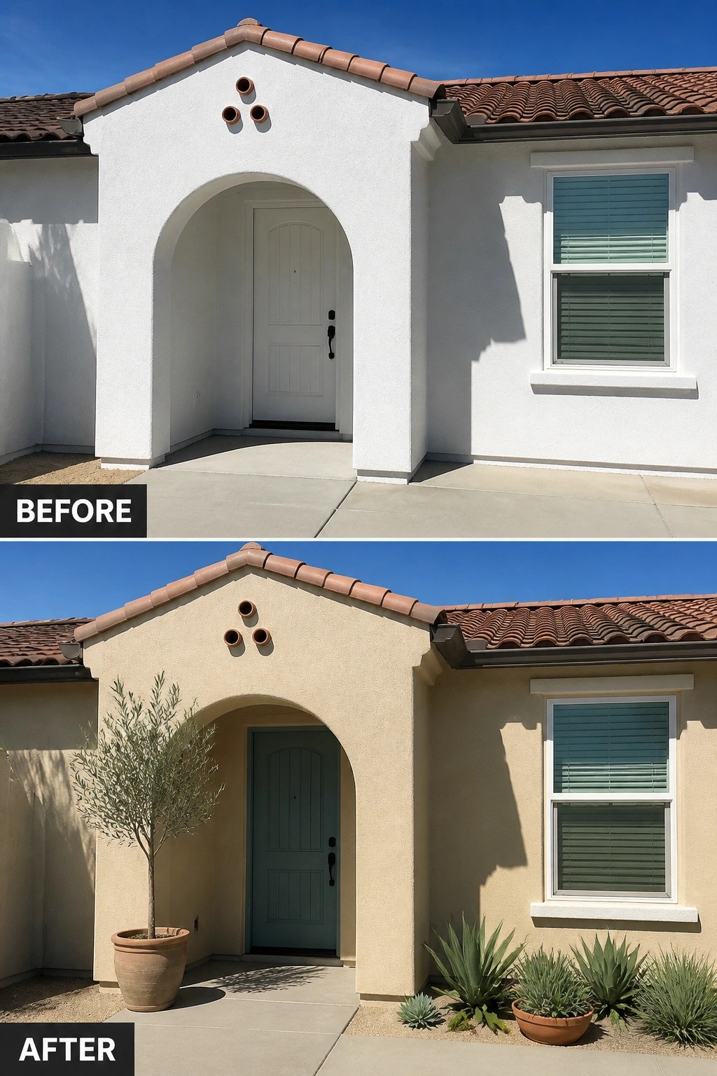 Before and after of home entry with new beige paint, teal door, and plants