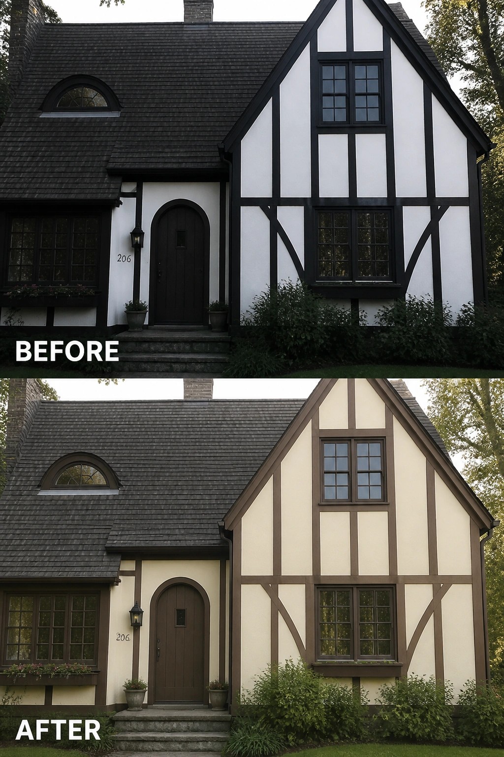 Tudor house before and after with exterior changed from black-white to brown-beige.
