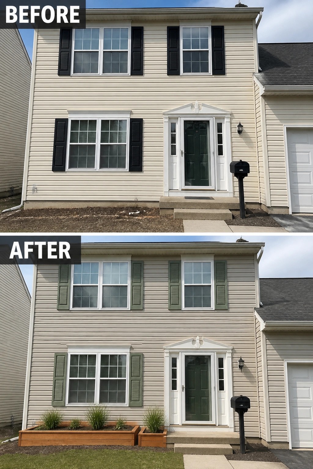 Before-and-after image of a two-story house exterior showing black shutters and beige siding changed to green shutters and a muted gray siding color with added wooden planters.