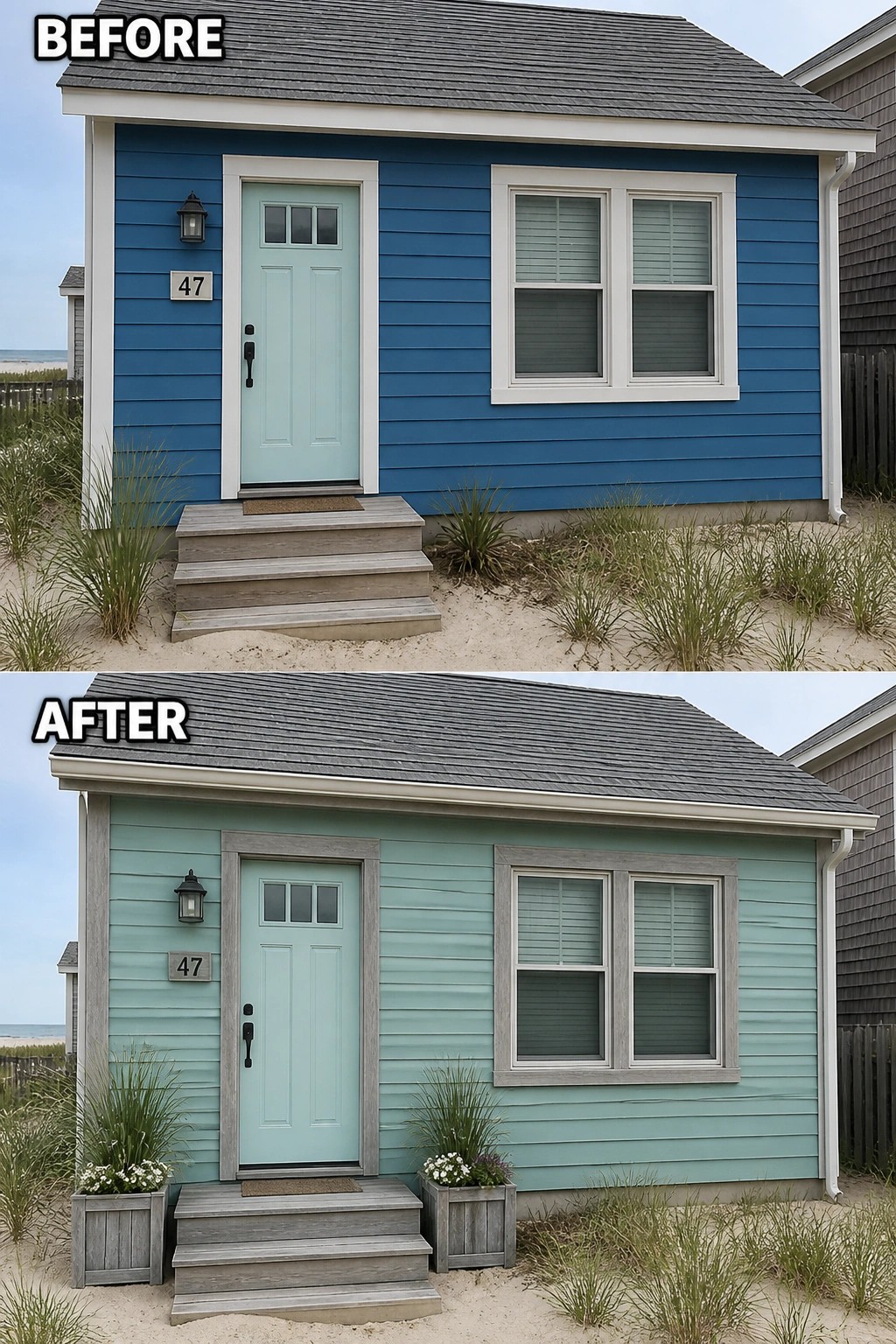 Before-and-after image of a small beach house exterior repainted from deep blue to soft teal green with added planters beside the steps.