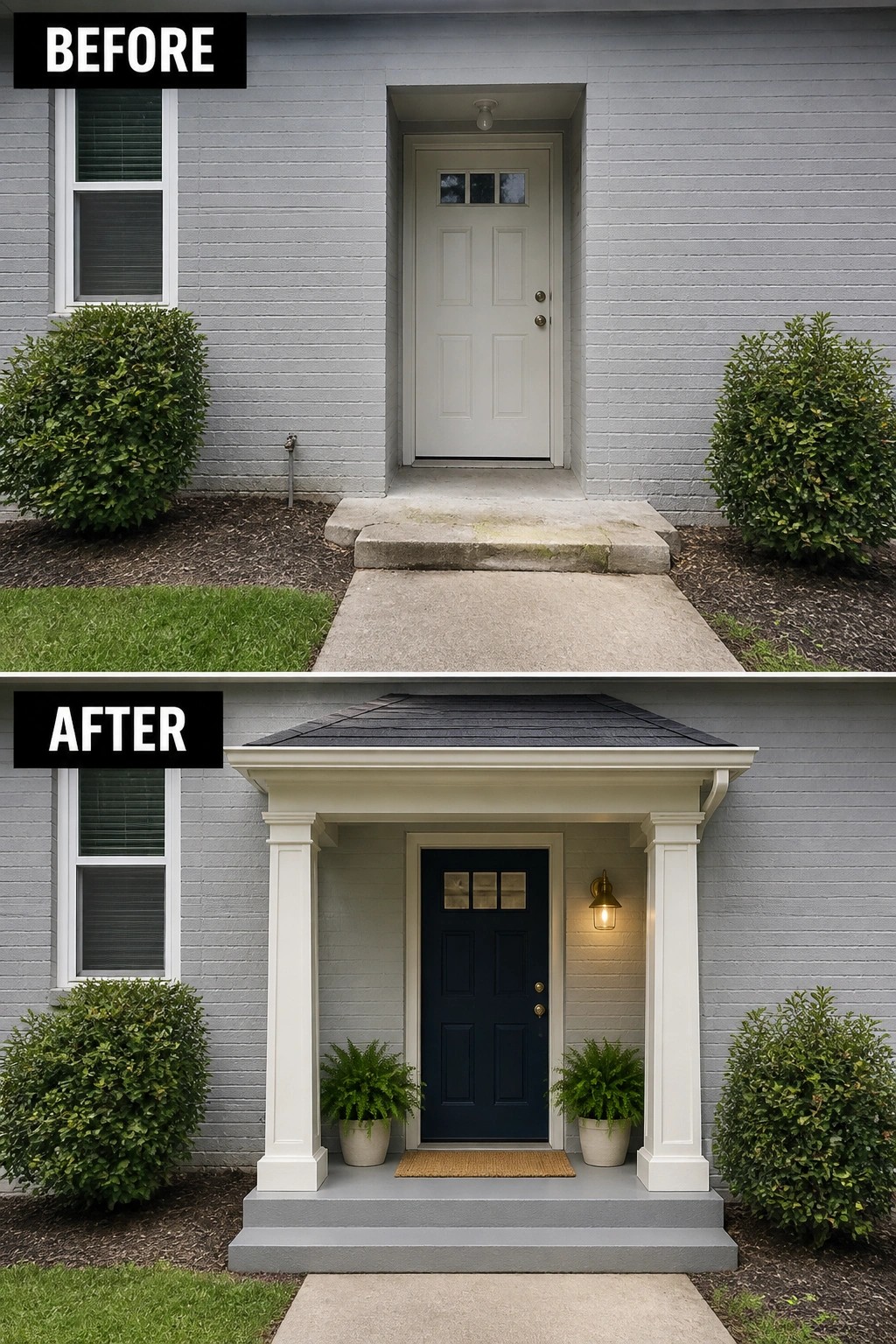 Before-and-after image of a plain house entry updated with a porch structure, columns, a roof overhang, and a darker front door.