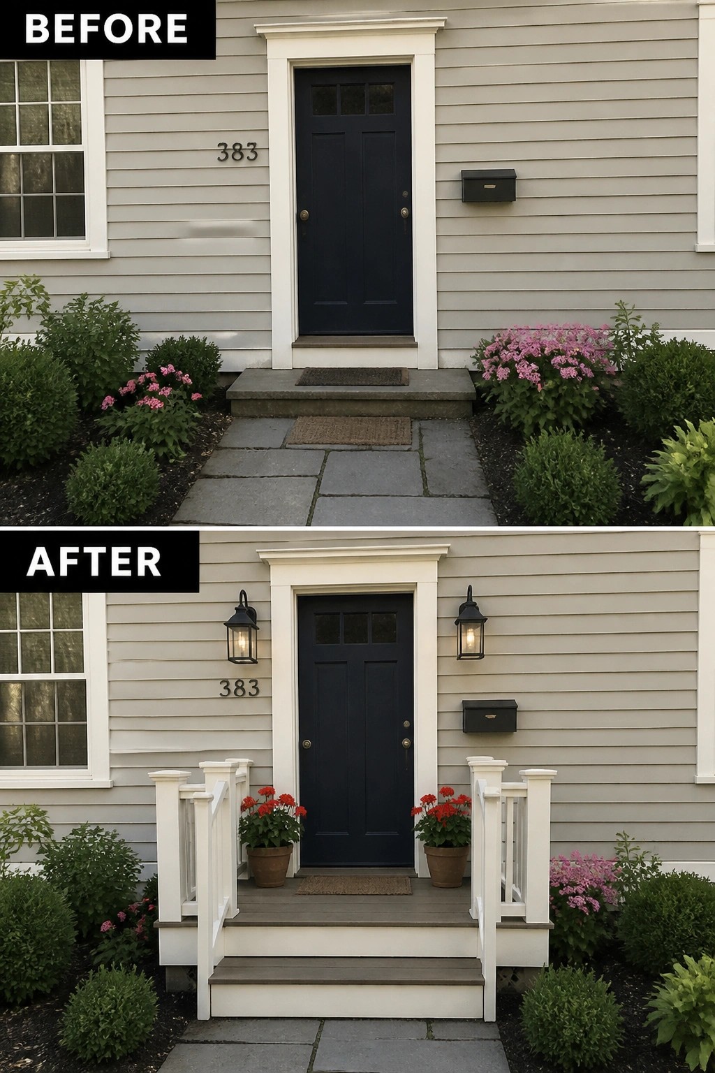 Before and after home entrance renovation with new white porch, railings and lights.