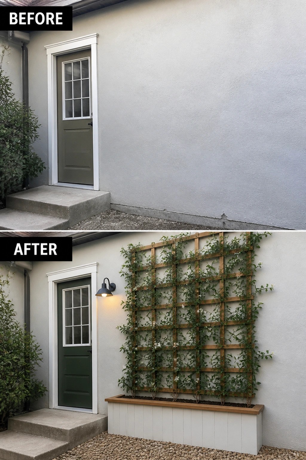 Before-and-after image of a plain house wall next to a door updated with a wooden trellis, climbing plants, and a planter box.