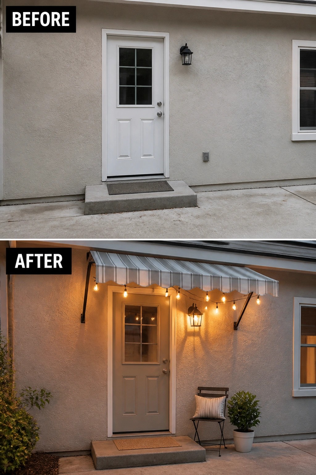Before-and-after image of a basic house entry updated with an awning, new door color, string lights, and a lantern.