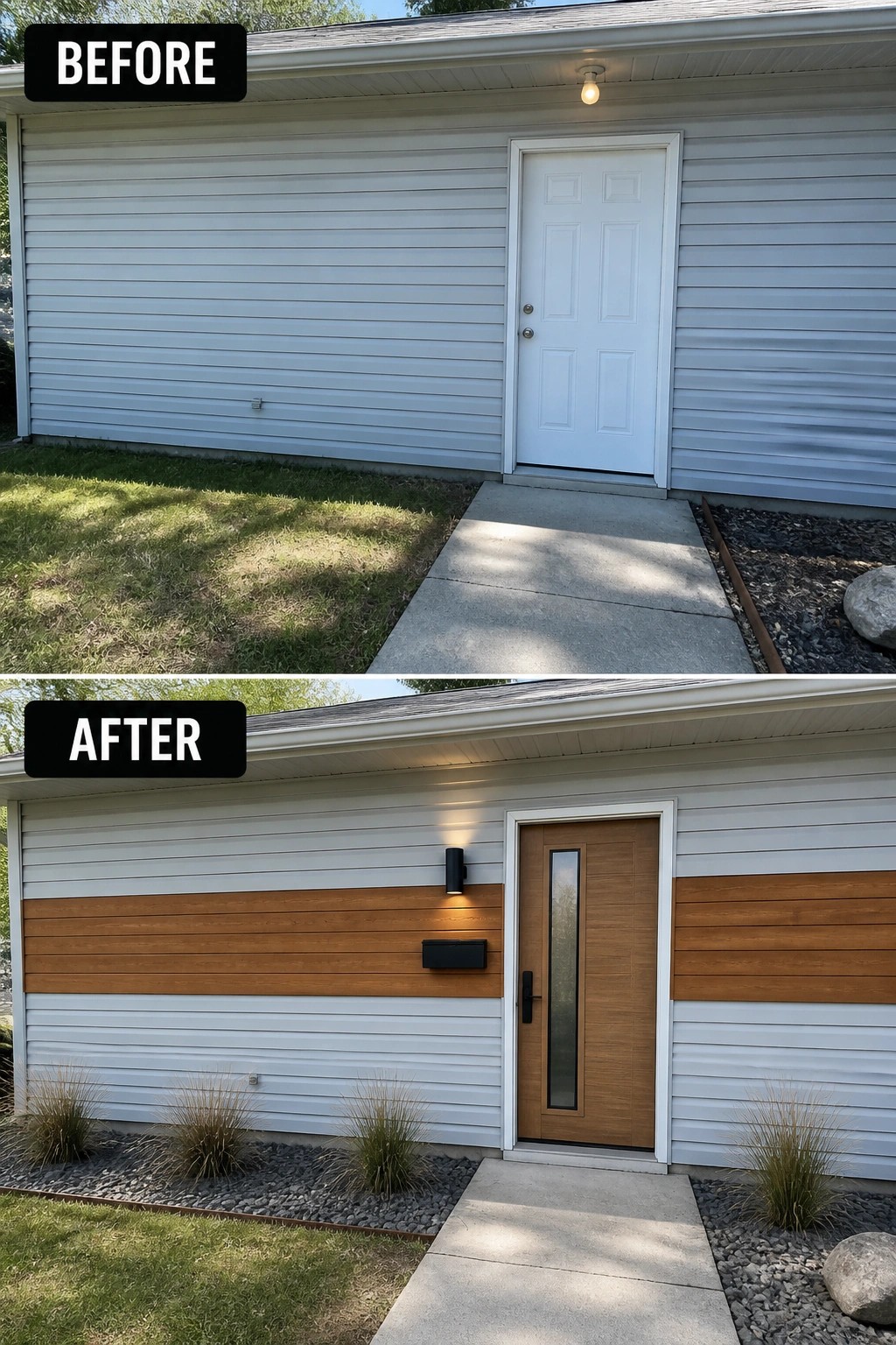 Before and after house entrance with new wood door and siding accents.