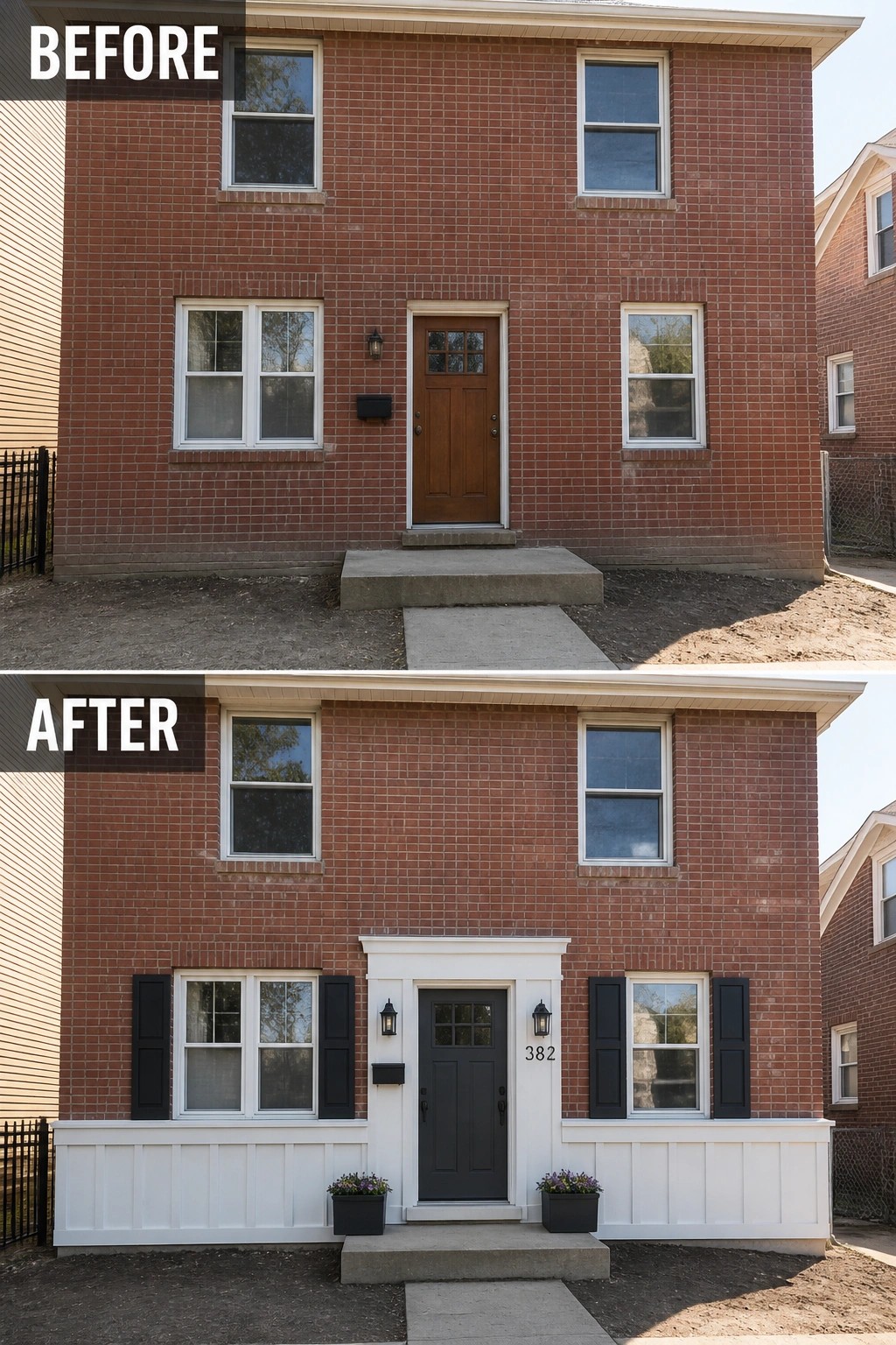 Before and after of brick house with new white trim, black shutters, and gray door