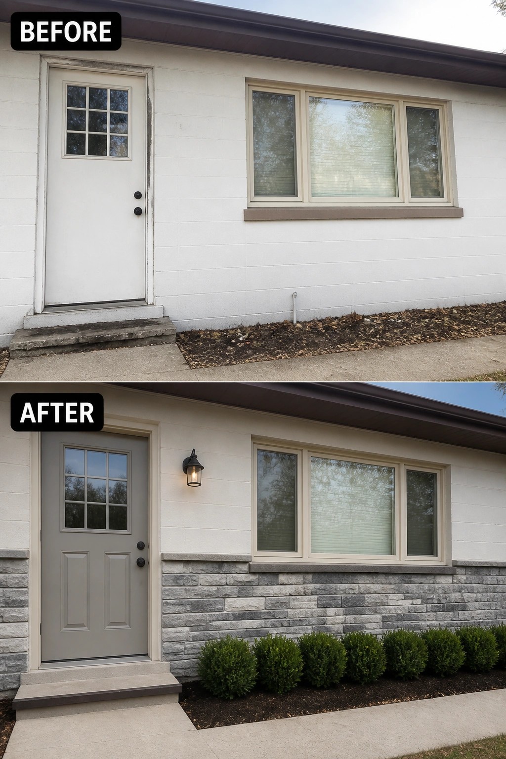 Before and after of house with new gray door, stone siding, and bushes