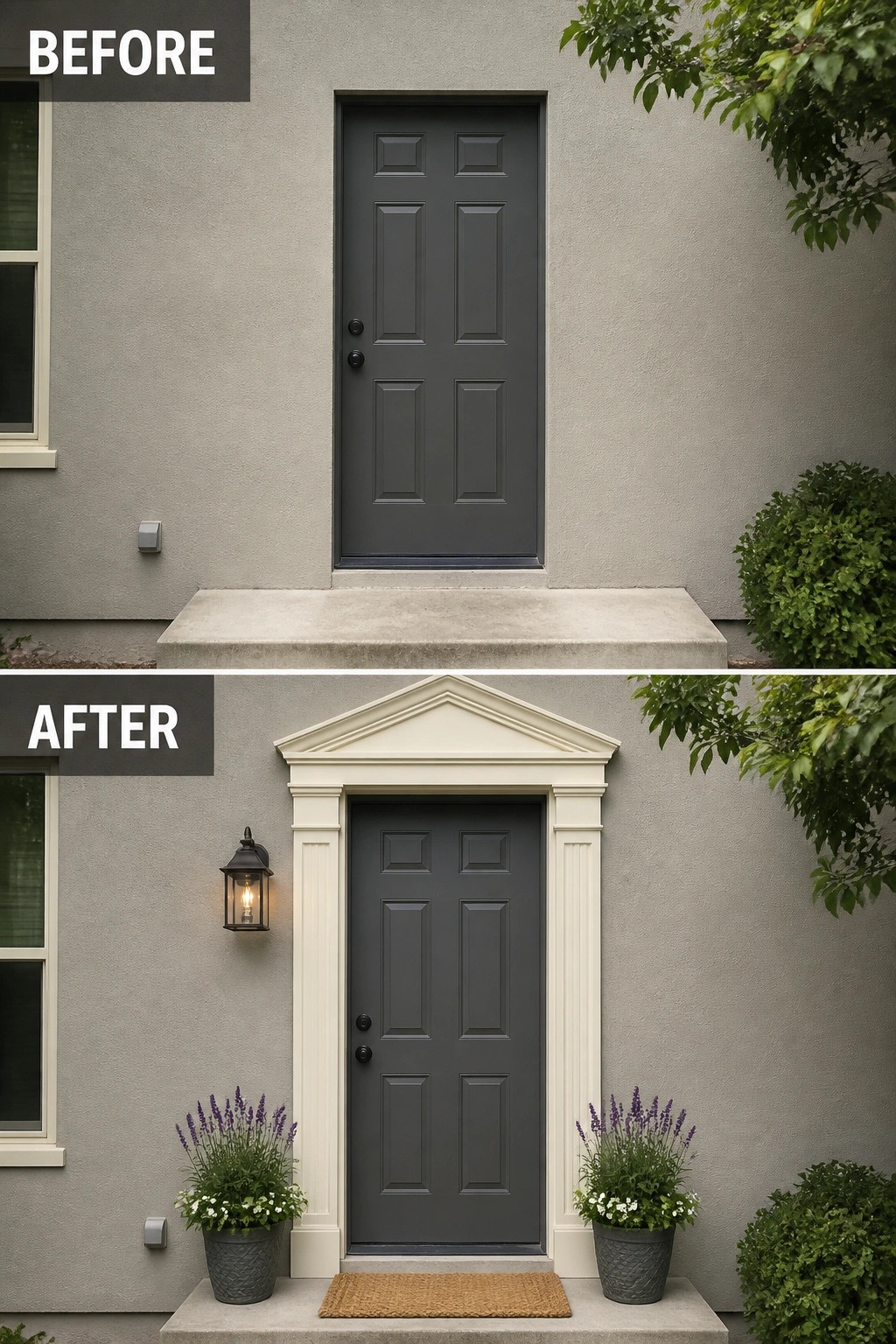 Before-and-after image of a plain gray entry door updated with a white classical door surround, a wall lantern, two planters, and a doormat.
