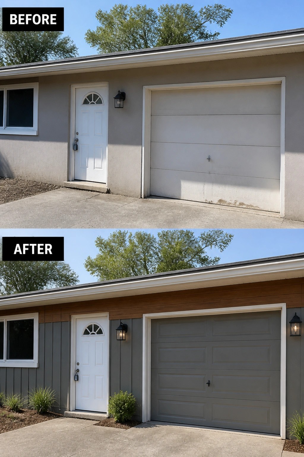 Before and after house exterior with new gray siding and garage door