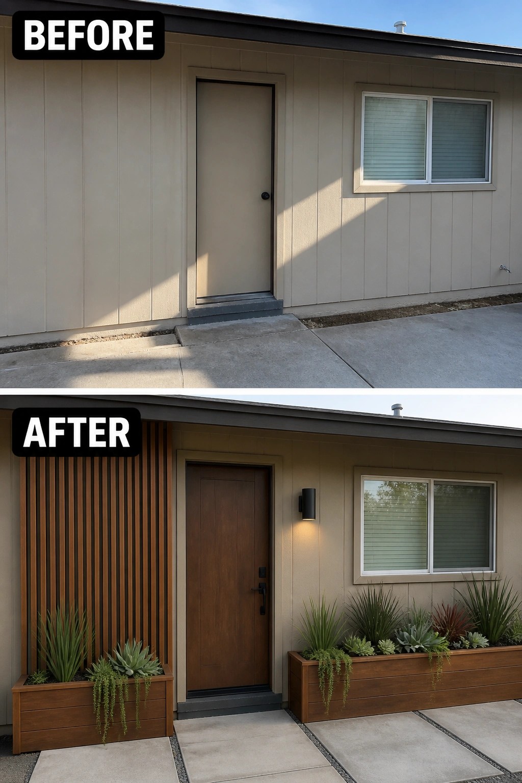Before-and-after image of a plain house entry updated with vertical wood slats beside the door and wooden planters filled with plants.