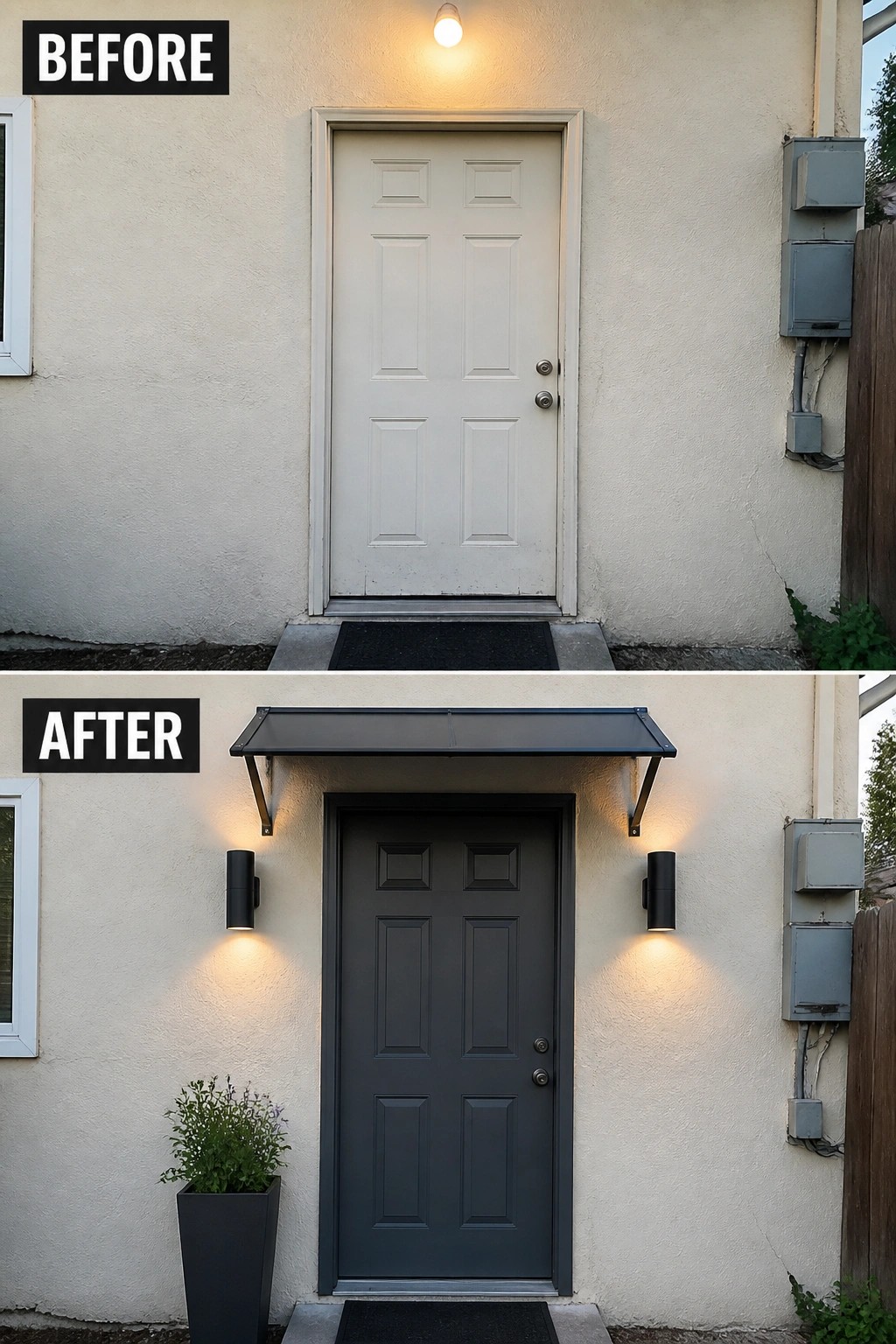 Before-and-after image of a basic front entry updated with a dark door, wall sconces, and a canopy awning.