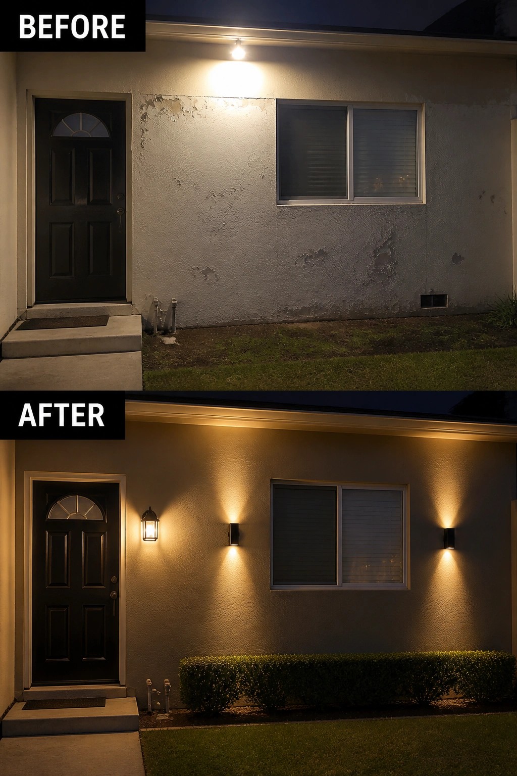 Before-and-after image of a house exterior updated with multiple wall sconces for more even lighting across the front wall.