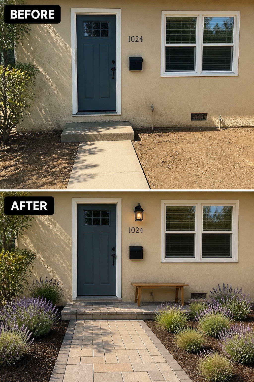 Before-and-after image of a plain house entry transformed by adding garden beds, a bench, pavers, and an outdoor light fixture.