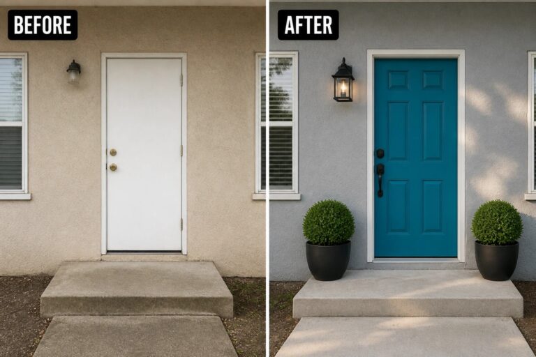 19 Practical House Facade Update Ideas for Flat Front Walls and Basic Entries Before and after of front door painted teal with added potted plants.