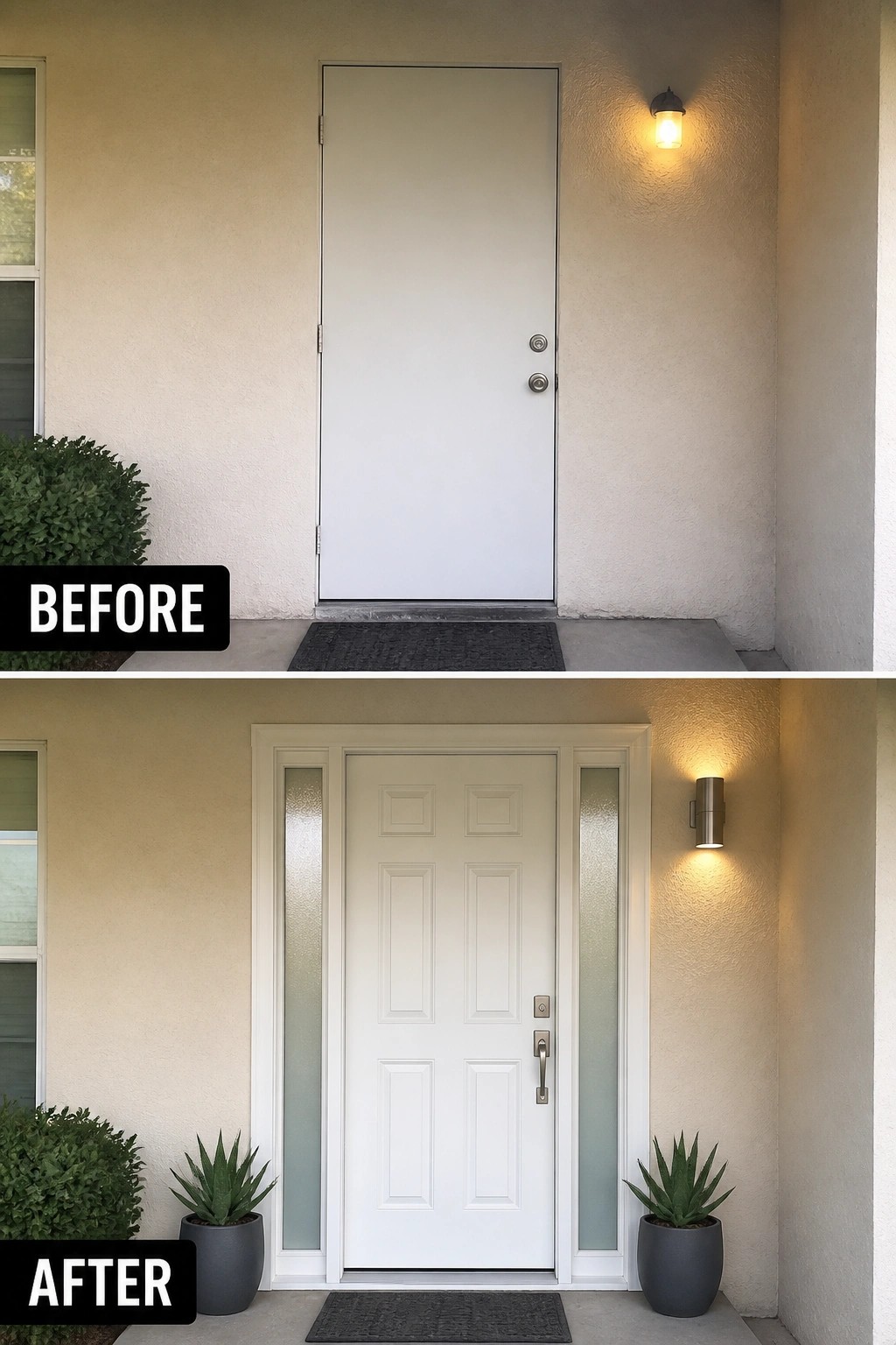 Before-and-after image of a plain white front door updated with white trim, frosted glass sidelights, new hardware, a different wall light, and two potted plants.