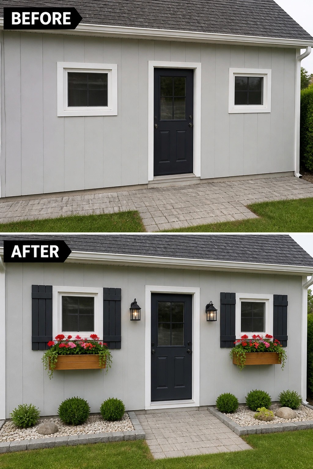 Before-and-after image of a plain house facade updated with black shutters, window boxes, lanterns, and added landscaping.