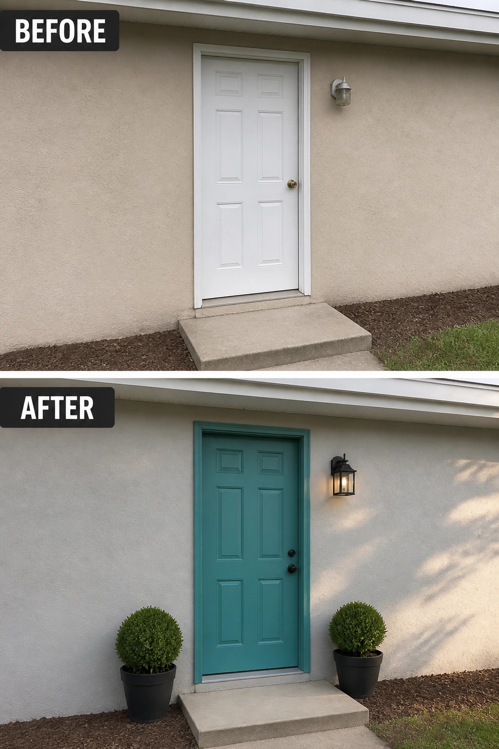 Before and after of front door painted teal with added potted plants.